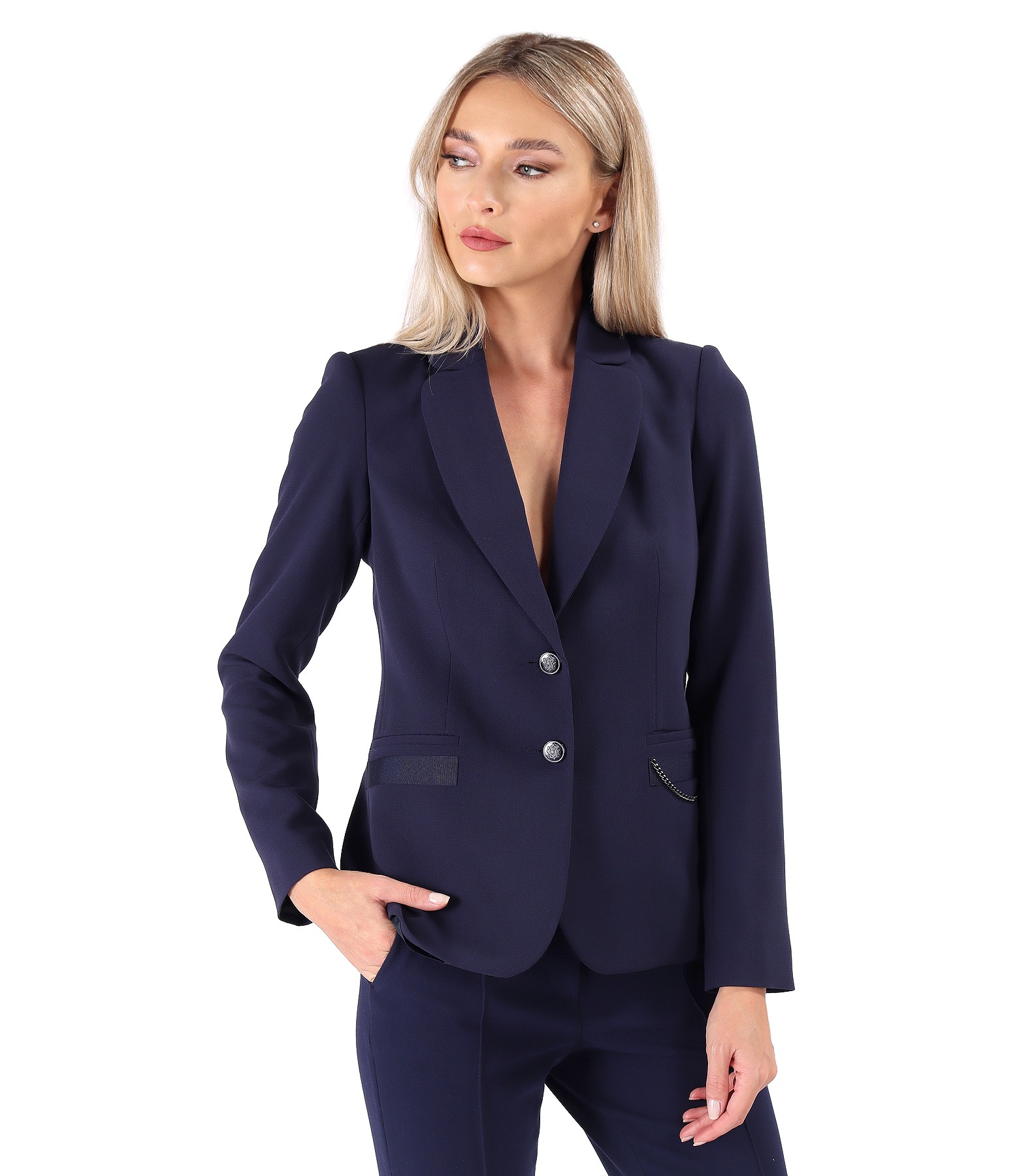 Office jacket made of elastic fabric with decorative chain navy blue ...