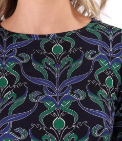 Elastic jersey blouse printed with floral motifs