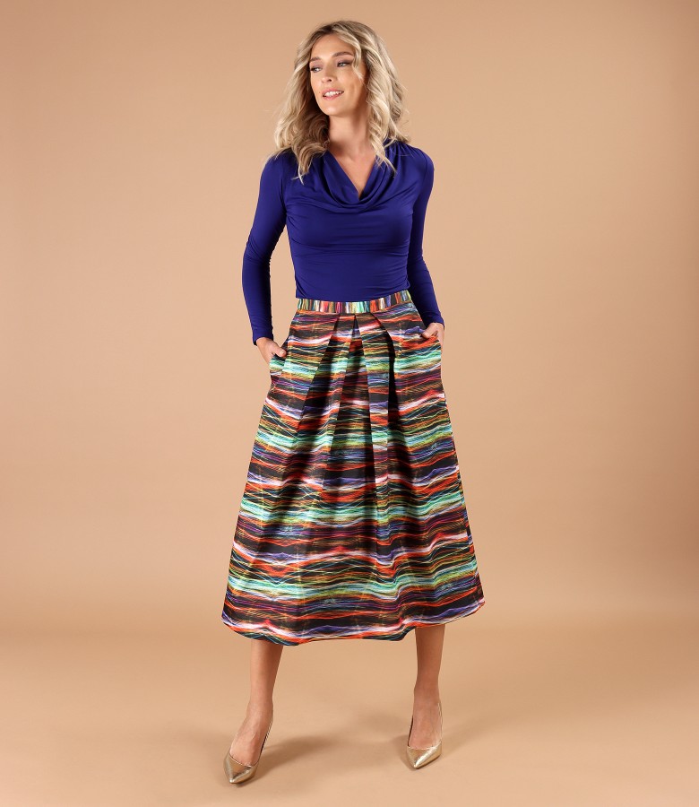 Fabric midi skirt with jersey blouse with pleated neckline