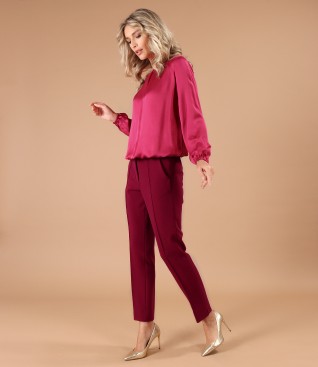Viscose satin blouse with thick elastic fabric pants