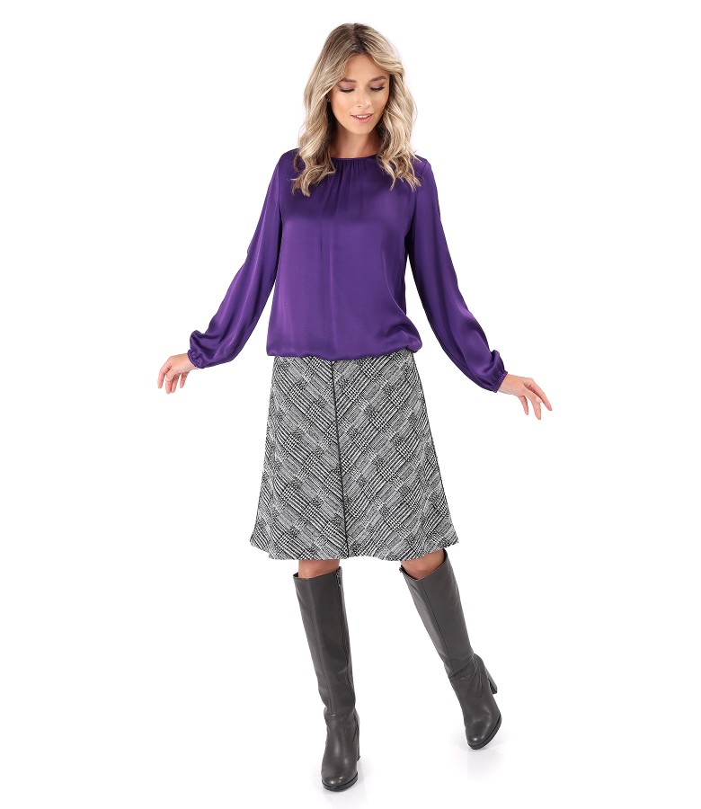 Viscose satin blouse with checkered flared skirt