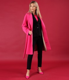 Elegant outfit with midi overcoat and office suit with jacket and pants