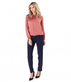 Elegant outfit with satin viscose blouse with ankle pants