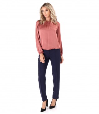 Elegant outfit with satin viscose blouse with ankle pants