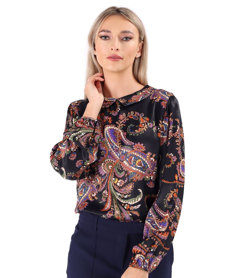 Viscose satin blouse with pointed collar