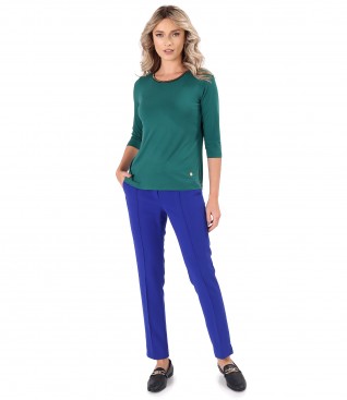 Jersey blouse with golden elastic at the neckline and ankle pants