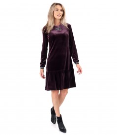 Elastic velvet dress with crystal at the neckline