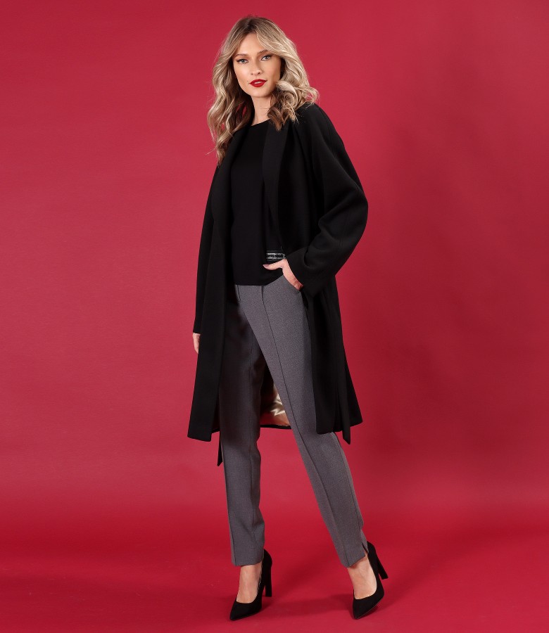 Office outfit with overcoat made of thick viscose fabric and ankle pants