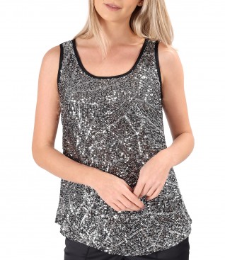 Sleeveless sequin blouse with satin trimming