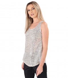 Sleeveless sequin blouse with satin trimming