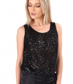 Sleeveless sequin blouse with satin trimming