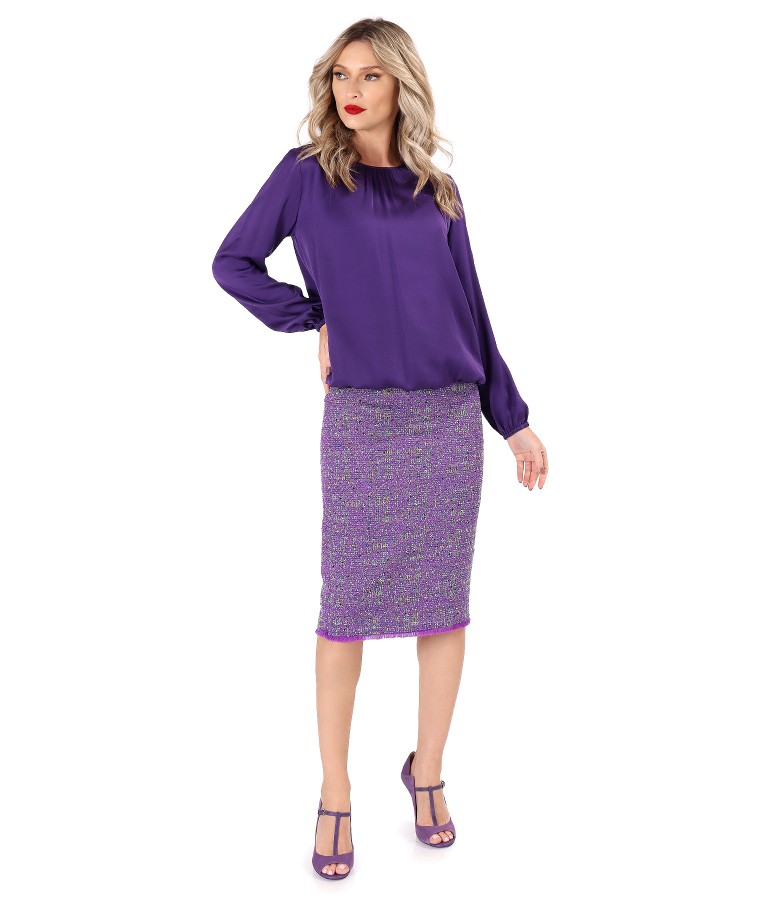 Viscose satin blouse with multicolored curl skirt