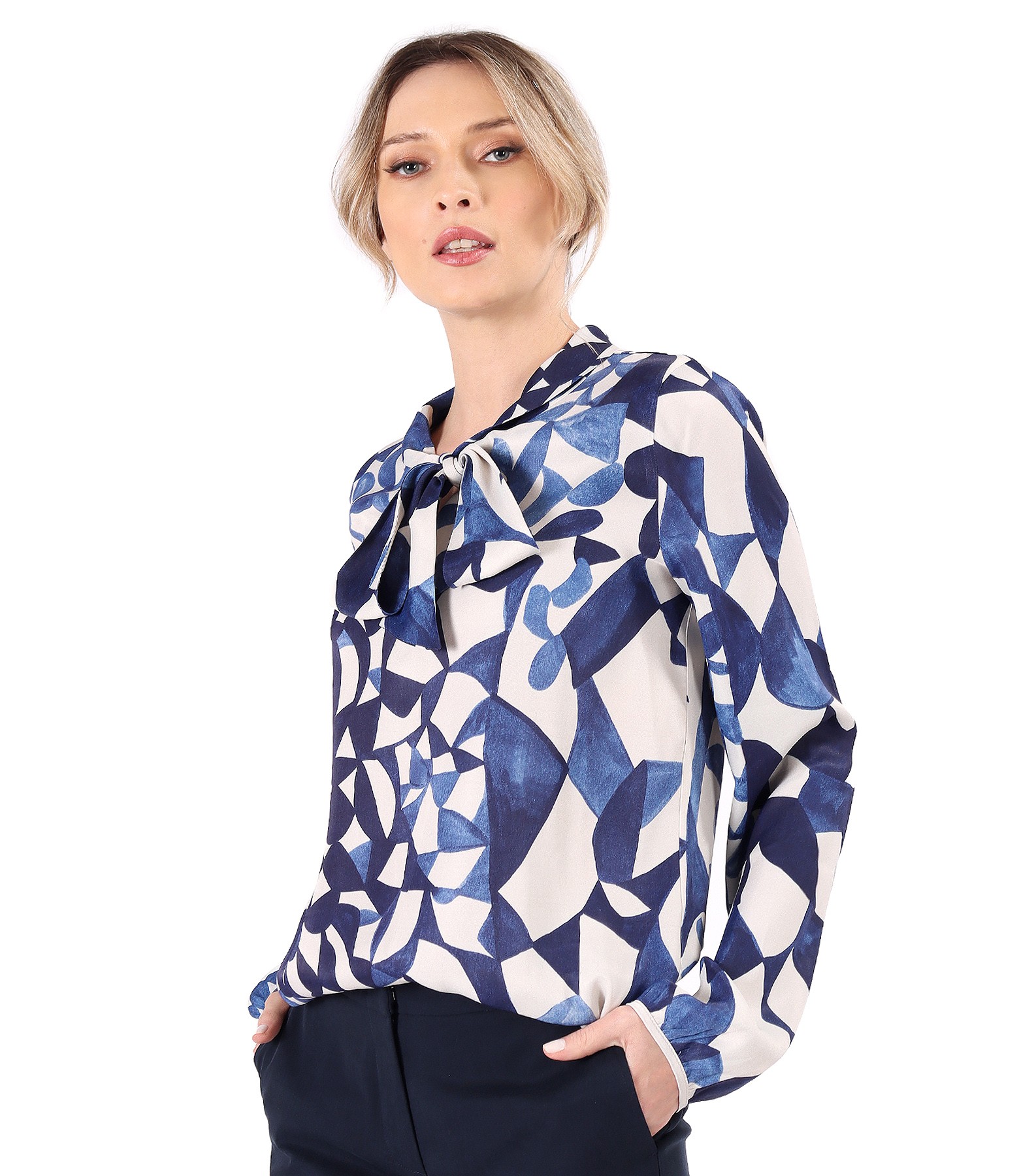 Elegant viscose blouse with scarf type collar navy blue - YOKKO