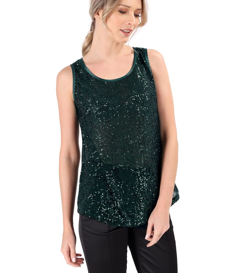 Sleeveless sequin blouse with satin trimming