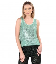 Sleeveless sequin blouse with satin trimming