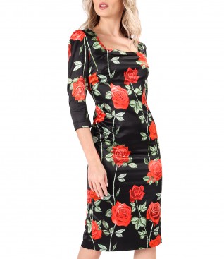 Elegant midi dress in elastic satin with roses