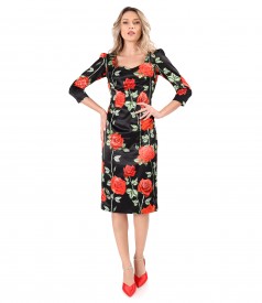Elegant midi dress in elastic satin with roses