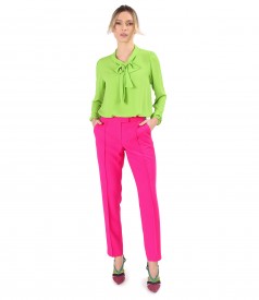 Office outfit with blouse with scarf type collar and ankle pants