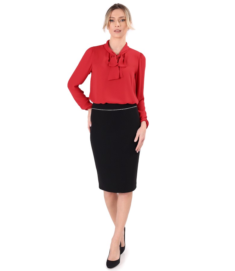 Office outfit with scarf collar blouse and tapered skirt