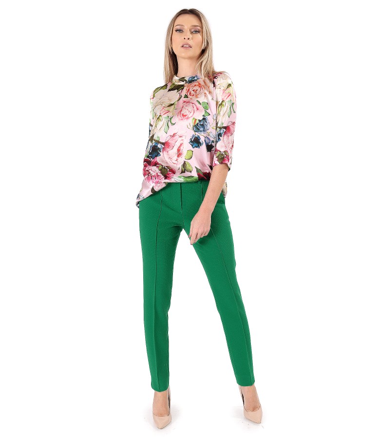 Printed natural silk blouse with ankle pants