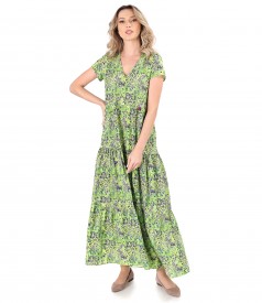 Long dress with ruffles made of printed viscose