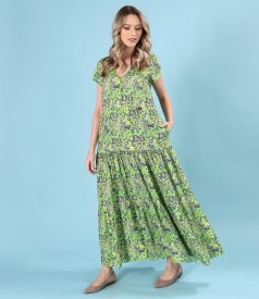 Long dress with ruffles made of printed viscose