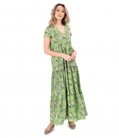 Long dress with ruffles made of printed viscose