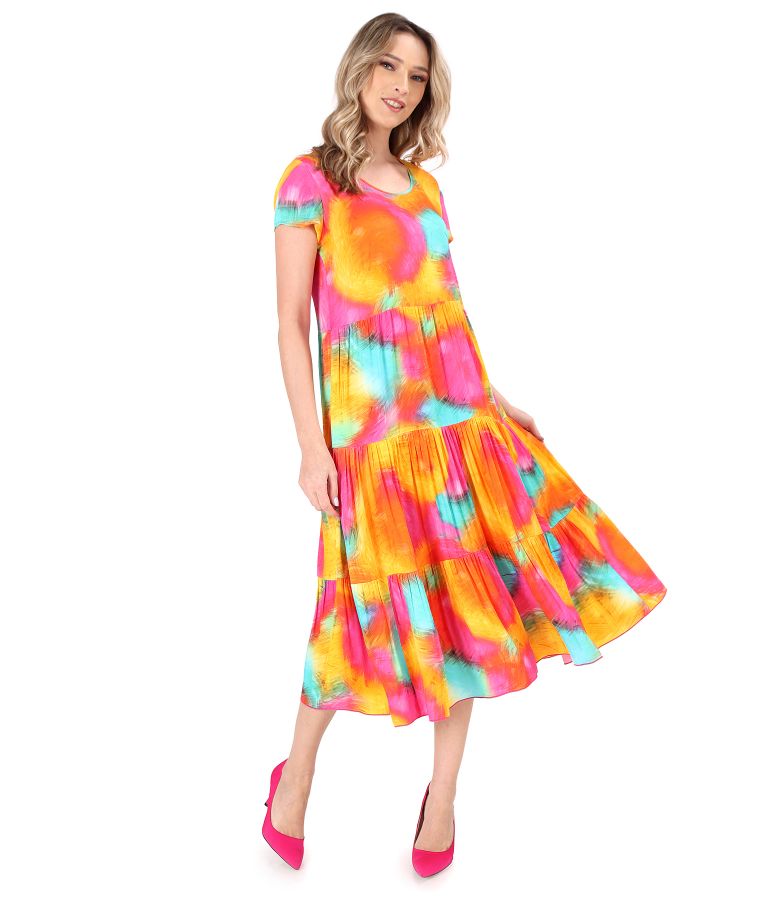 Dress with ruffles made of digitally printed viscose