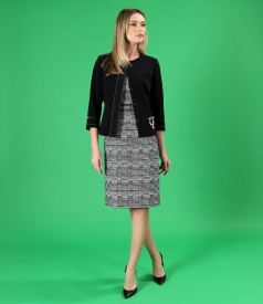 Office outfit with checkered dress and jacket with brooch