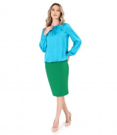 Office outfit with viscose satin blouse and tapered skirt