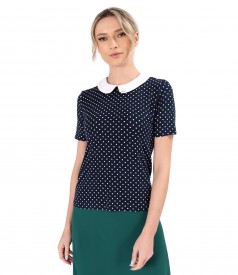 Elastic jersey blouse printed with polka dots with white collar