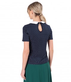 Elastic jersey blouse printed with polka dots with white collar