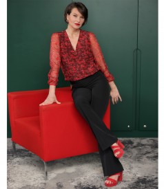 Flared trousers with natural silk blouse