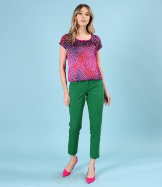 Pants made of tencel with printed satin blouse