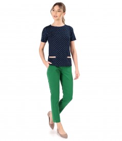 Casual outfit with pants made of tencel and jersey blouse printed with polka dots