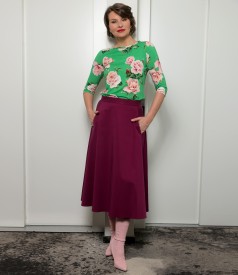 Midi skirt with rose printed jersey blouse