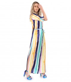 Long shirt-type dress made of natural silk printed with stripes