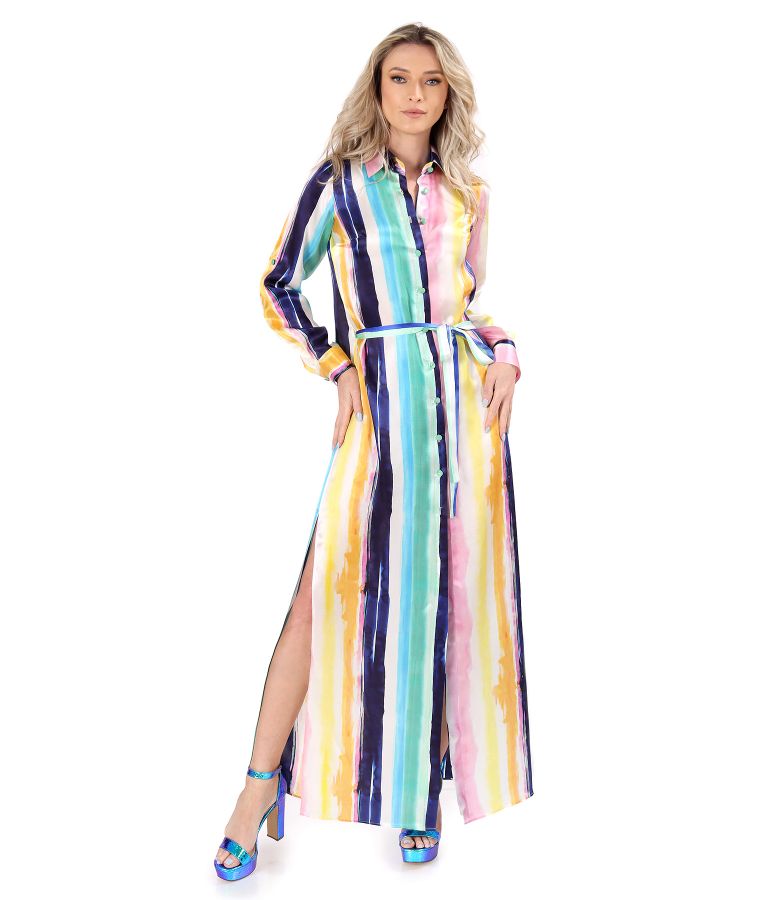 Long shirt-type dress made of natural silk printed with stripes