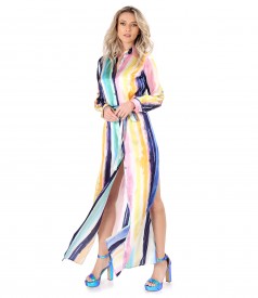 Long shirt-type dress made of natural silk printed with stripes