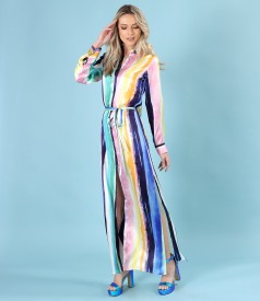 Long shirt-type dress made of natural silk printed with stripes