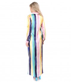 Long shirt-type dress made of natural silk printed with stripes