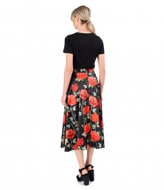 Elastic jersey blouse with satin midi skirt printed with roses