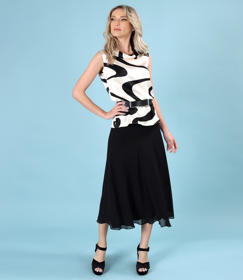 Viscose satin blouse with veil midi skirt