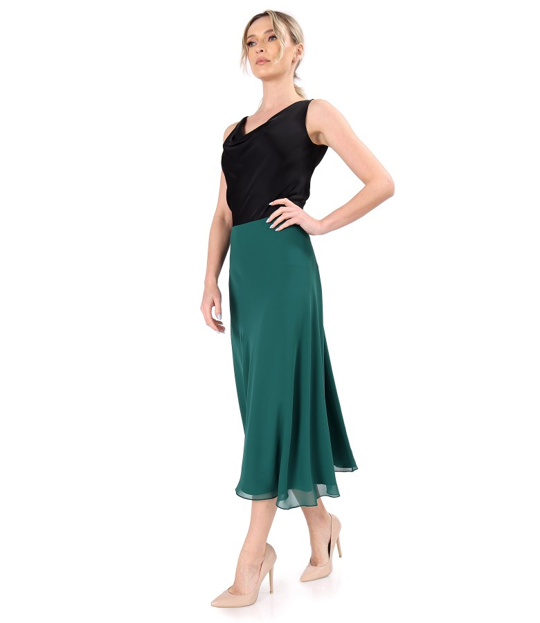 Elegant outfit with veil midi skirt and viscose satin blouse