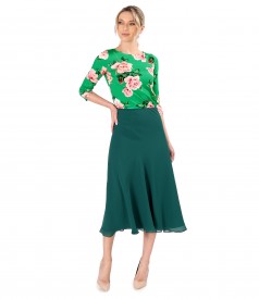 Veil midi skirt with floral print elastic jersey blouse