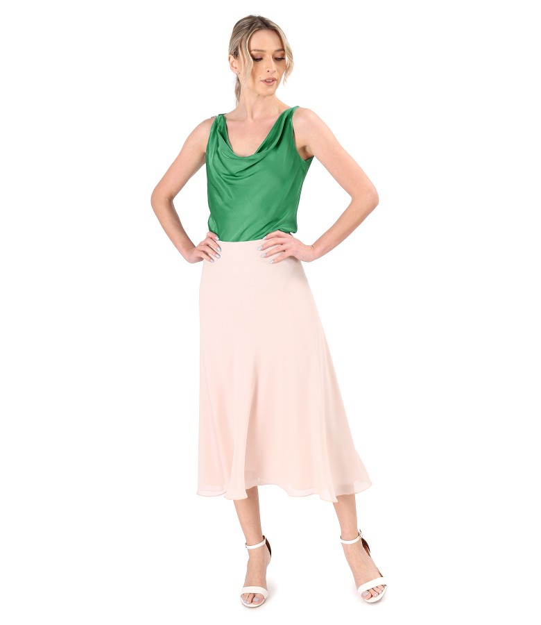 Midi veil skirt with viscose satin blouse