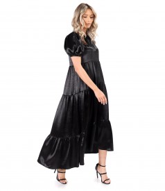 Long satin dress with asymmetric ruffles