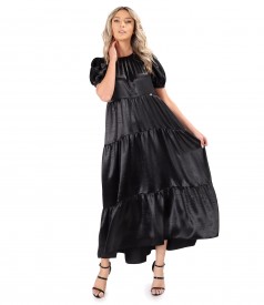 Long satin dress with asymmetric ruffles