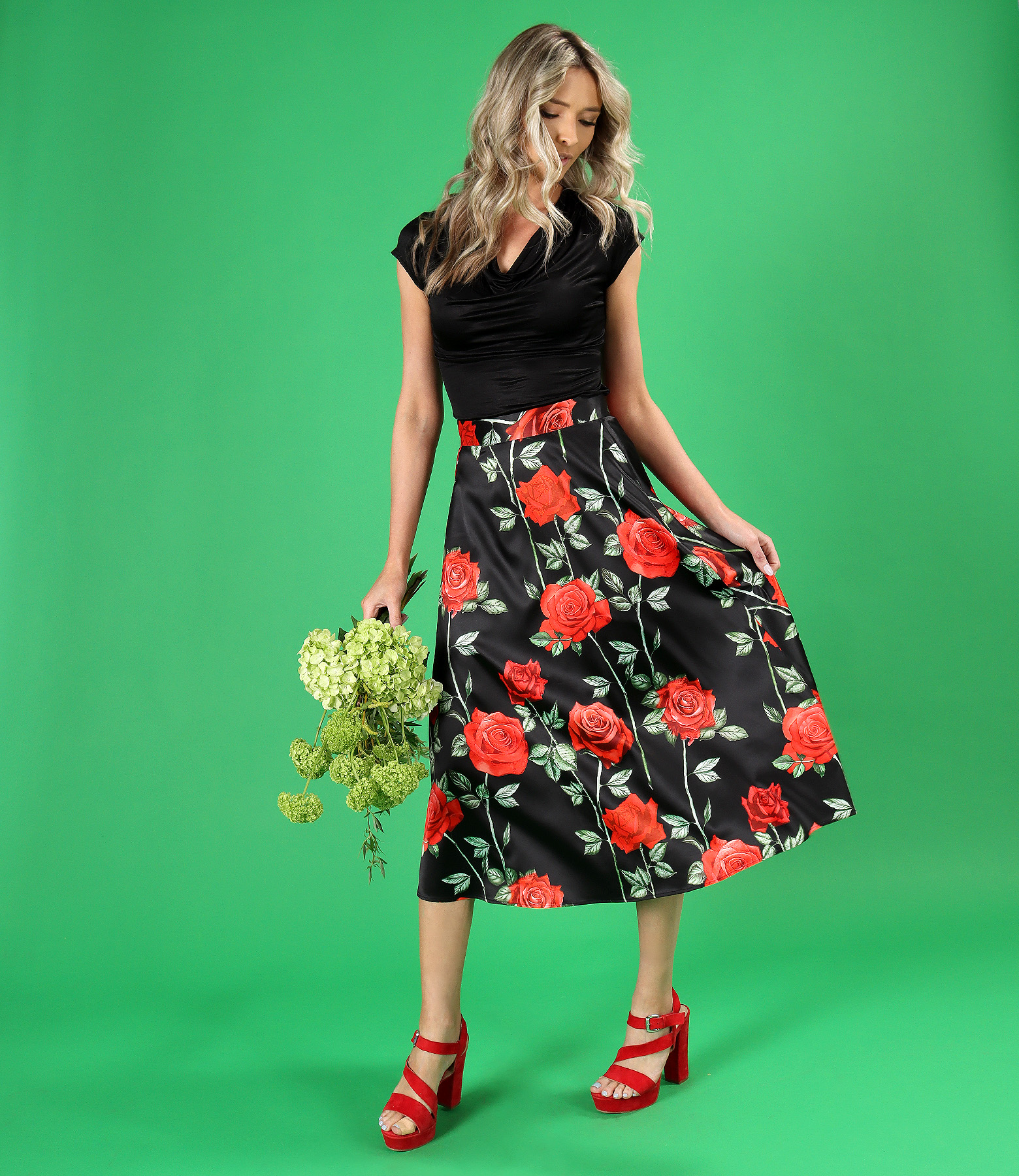 Elegant set with rose-print midi skirt and draped-neck blouse