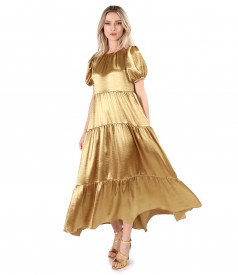 Long satin dress with asymmetric ruffles